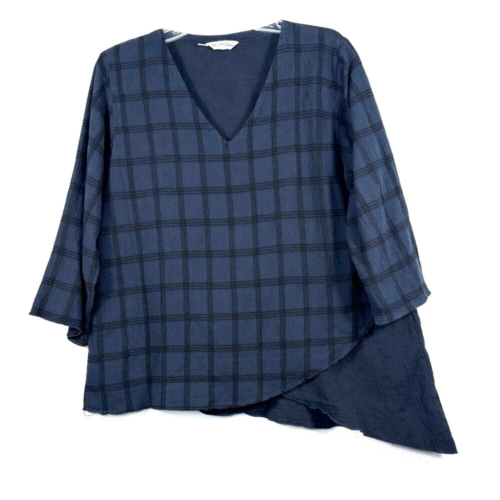 Liz & Jane Lagenlook Top Medium Navy Blue Grid Cotton Asymmetric Layered USA